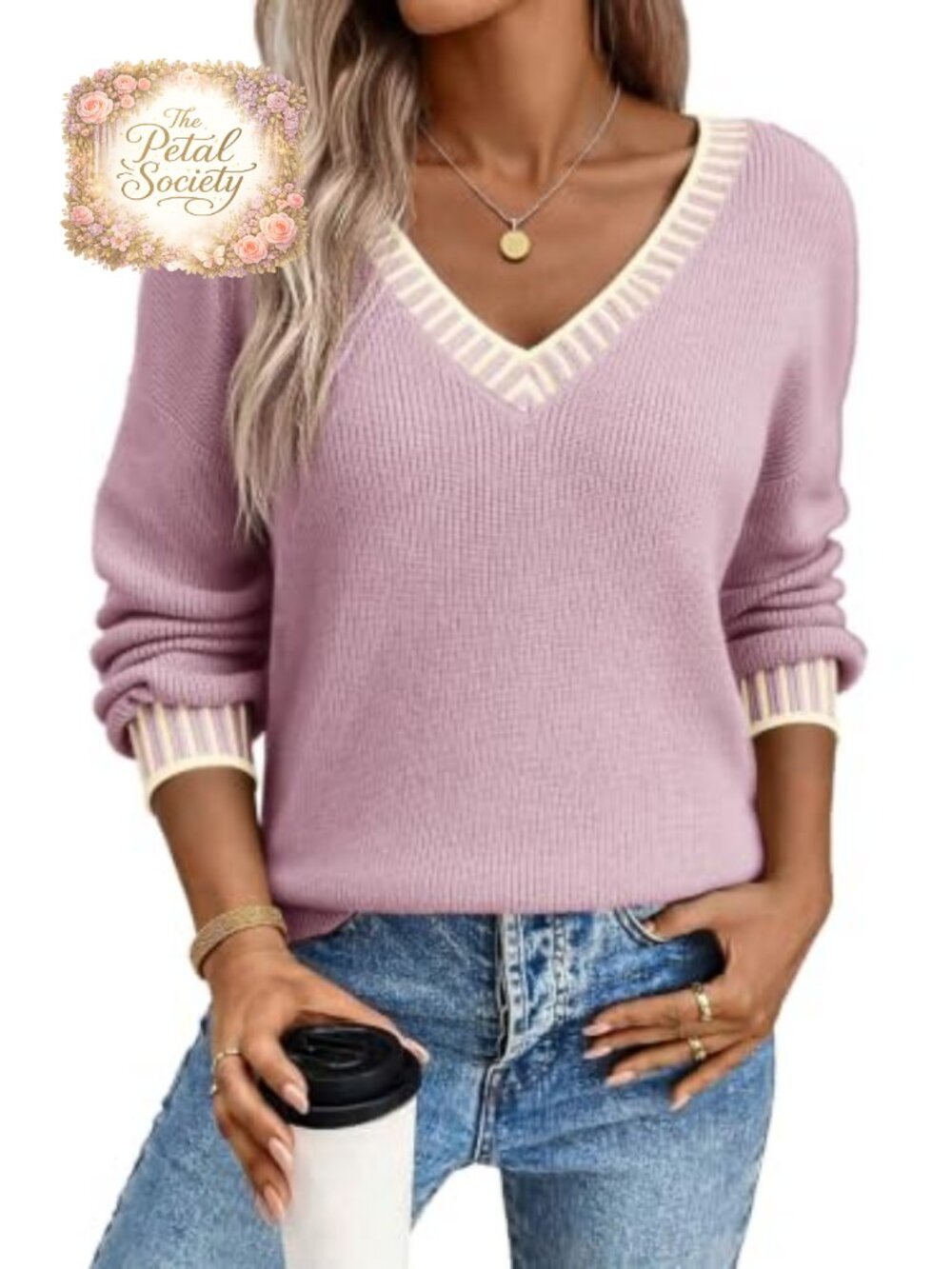Women's V Neck Long Sleeve Contrast Knit Sweater Pullover